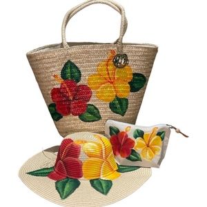 Hand Painted Beach bag with Matching Hat & Makeup Bag - ALL NEW